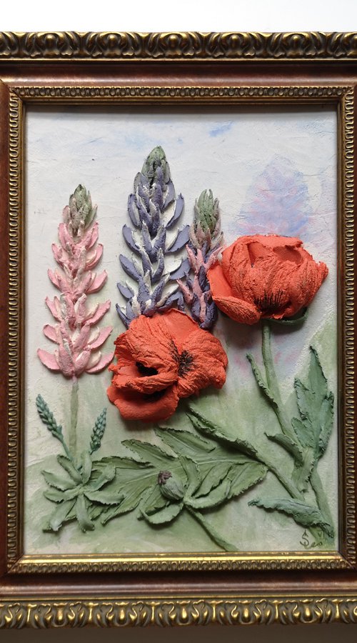 Red poppies and bright lupines - relief with perfect combination of summer wild flowers by Irina Stepanova