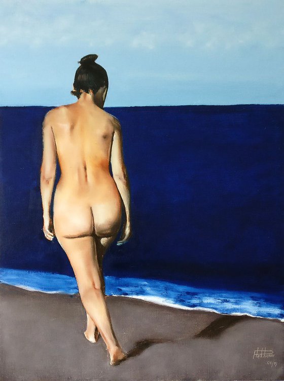 Sea of love - figurative painting of nude woman walking into the sea