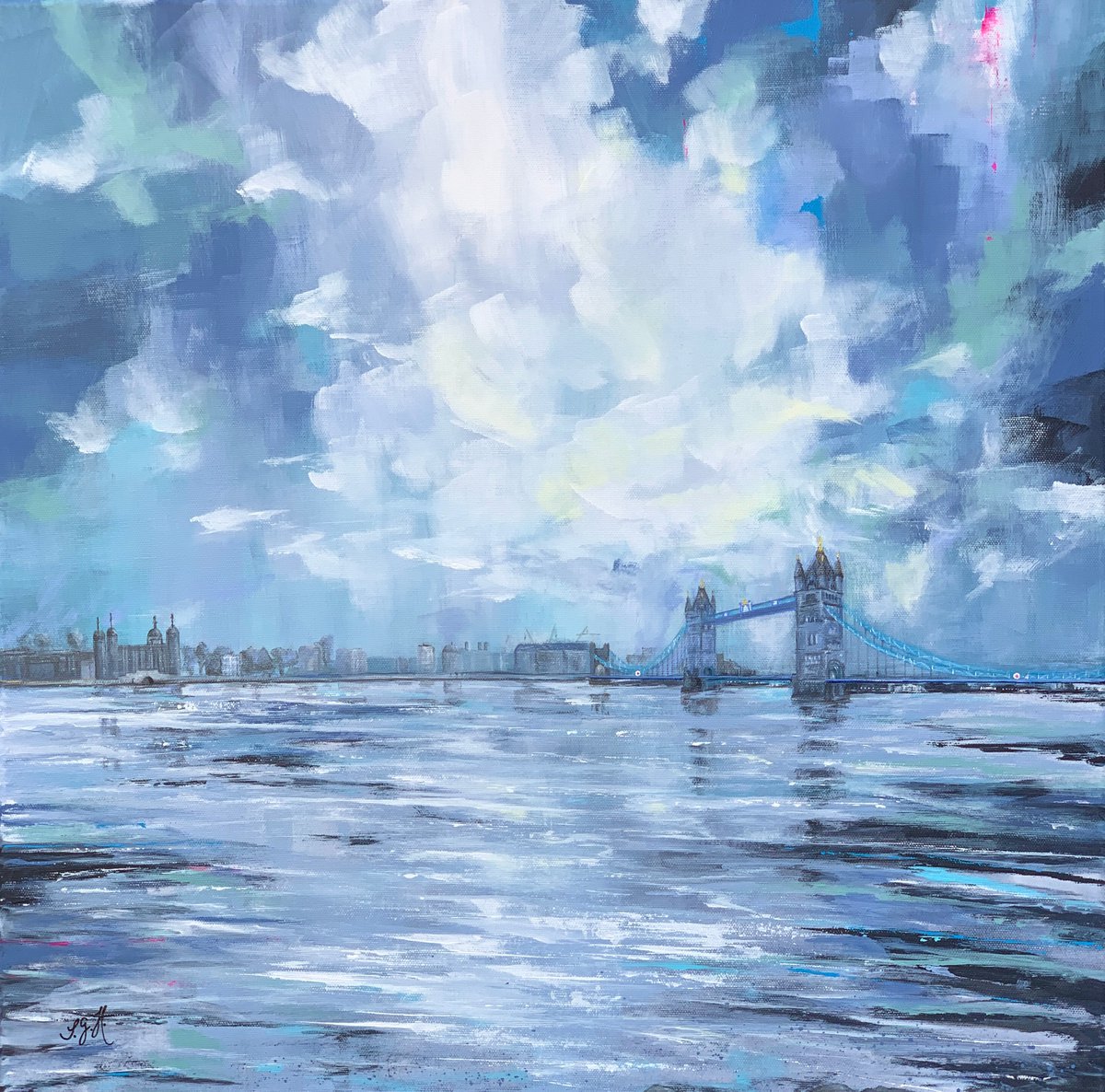 Impressionistic Cityscapes Acrylic Painting By Sandra Gebhardt-Hoepfner, 24 X 24", Tower Bridge, Original Artwork