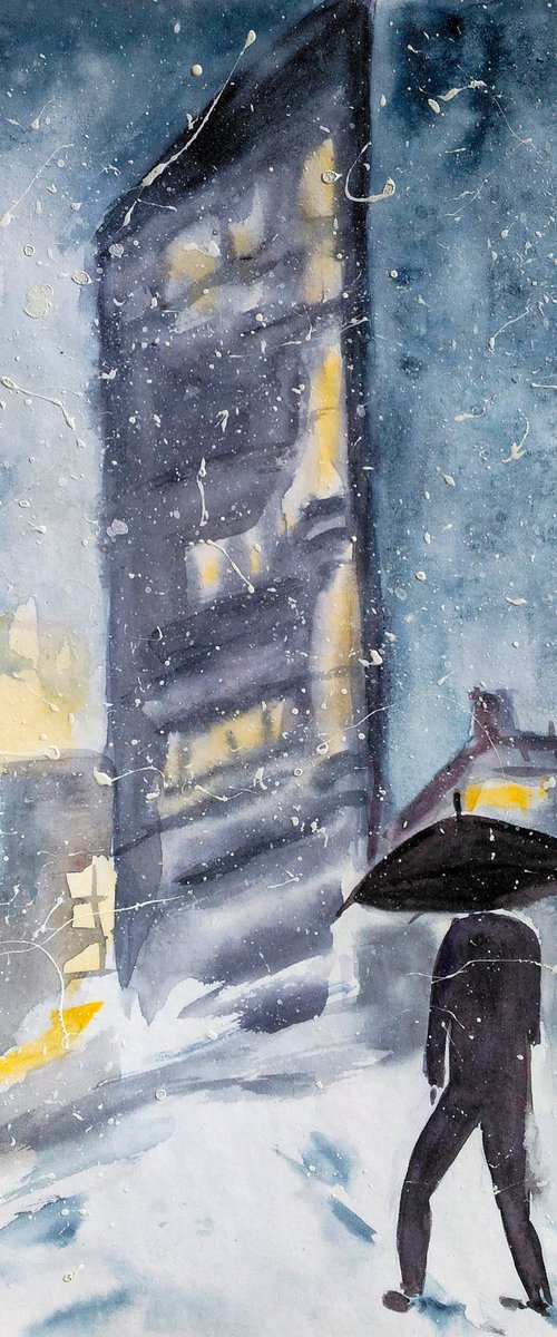 NYC Painting Christmas Original Art Bryant Park Watercolor Walk Small Home Wall Art 8 by 12" by Halyna Kirichenko by Halyna Kirichenko