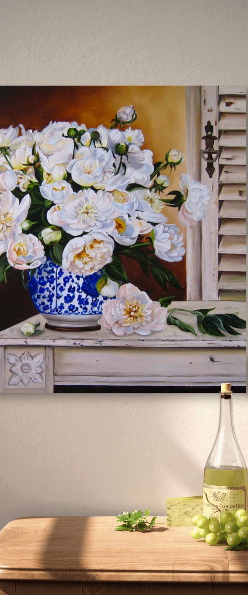 White Peonies in Blue Vase by Natalia Shaykina