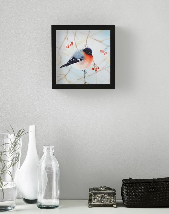 Bullfinch Bird on Branch #2  - watercolour, wild bird watercolour, birdwatcher, wild bird art, bird art