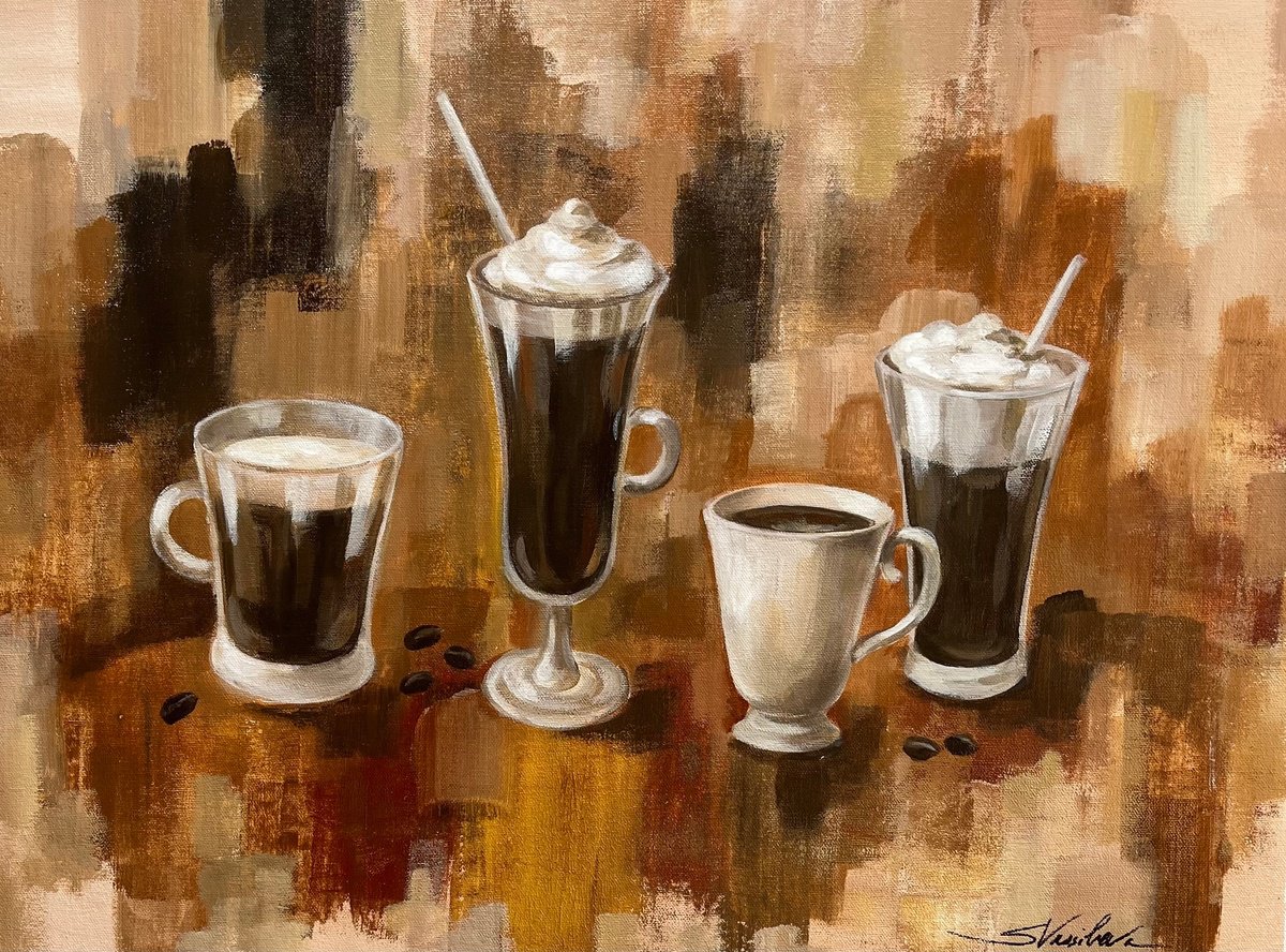 Expressive Still Life Acrylic Painting By Silvia Vassileva, 24 X 18", Abstract Coffee, Original Artwork