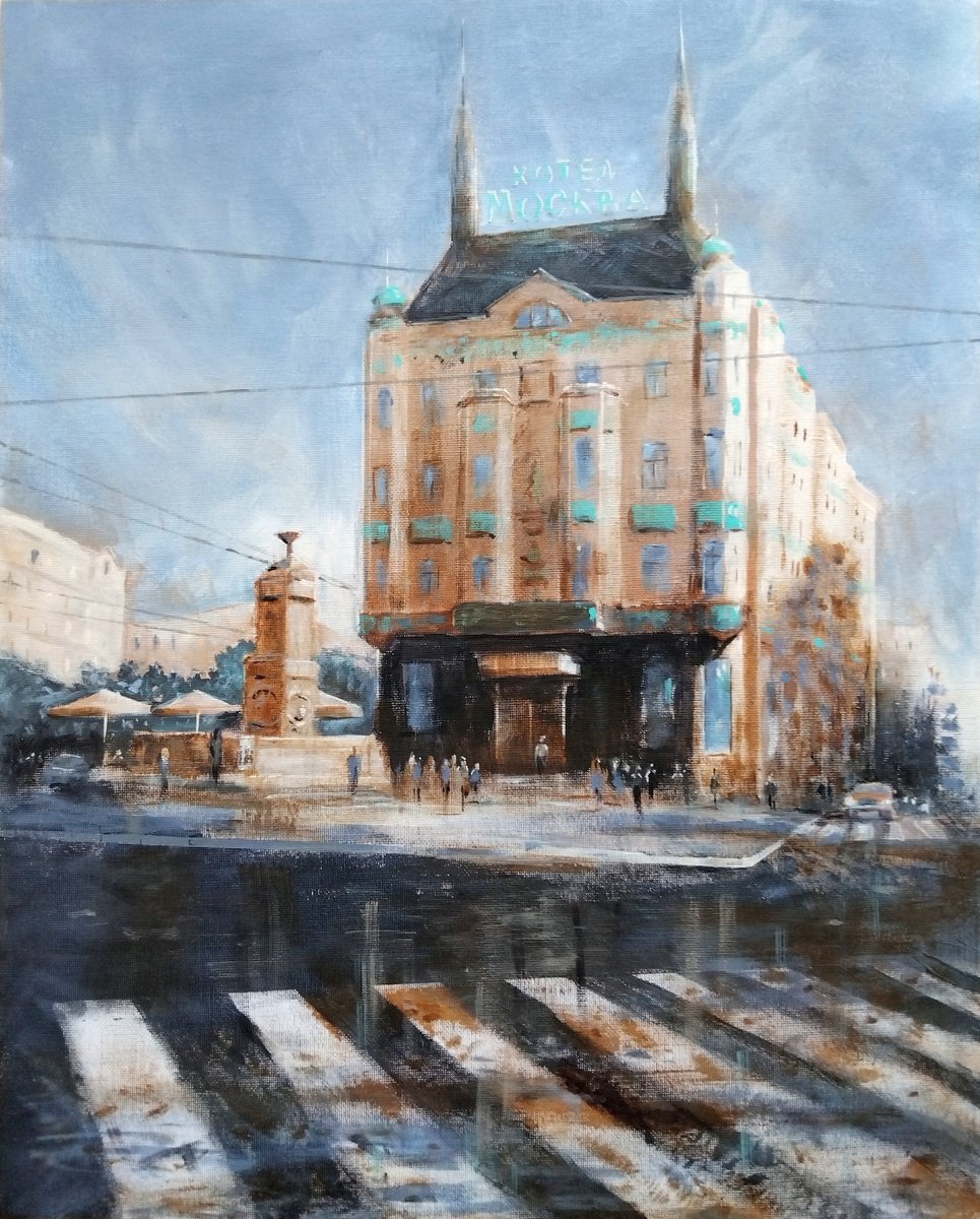 Impressionistic Cityscapes Acrylic Painting By Nenad Kojic, 16 X 20", Hotel Moskva Beograd, Original Artwork