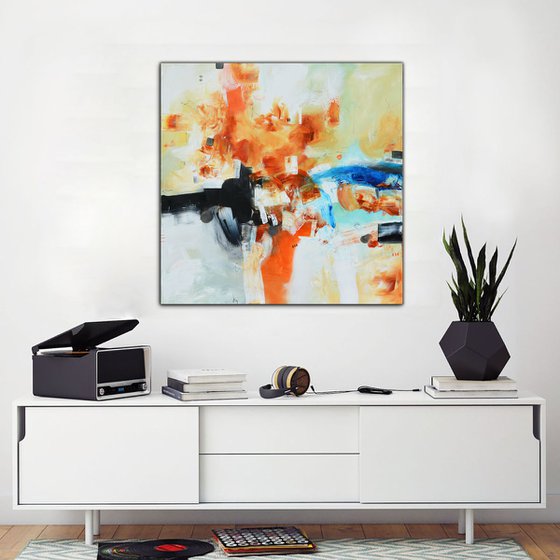 Abstract painting - The path to somewhere - Original white, blue and orange painting