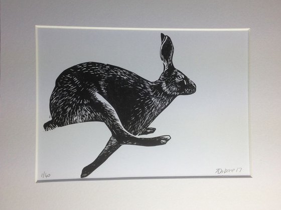 Running Hare Linocut, Printed in Dark Brown (nearer to Black), Mounted