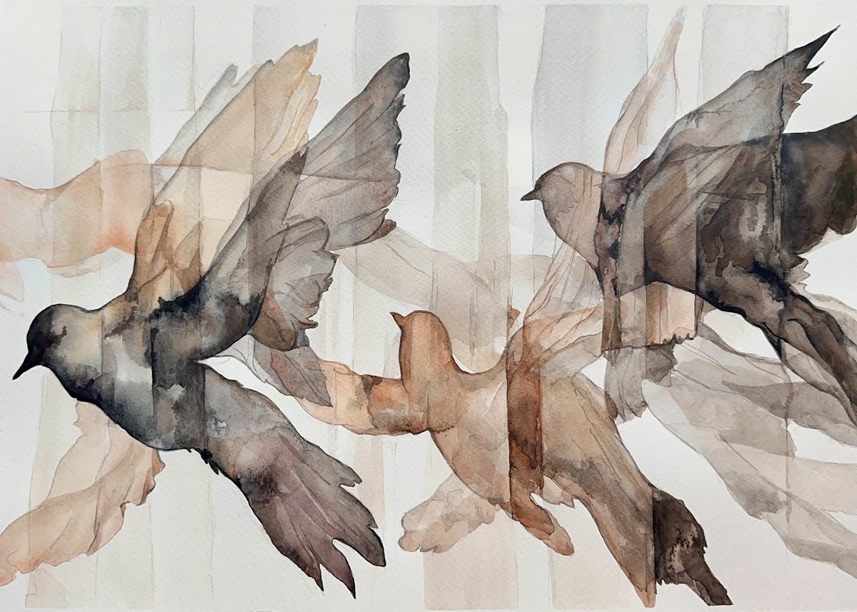 Abstract Animal Watercolour By Julia Shilo, 17 X 12", Beige - Black Flying Pigeons Silhouette, Original Artwork