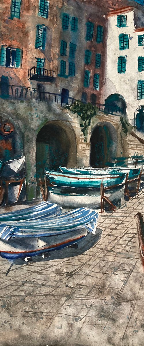 Boats in Manarola by Valeria Golovenkina