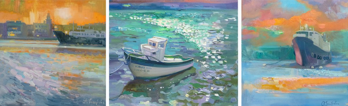 Impressionistic Landscape Oil Painting By Anastasiia Grygorieva, 63 X 20, Ships Triptych, Original Artwork