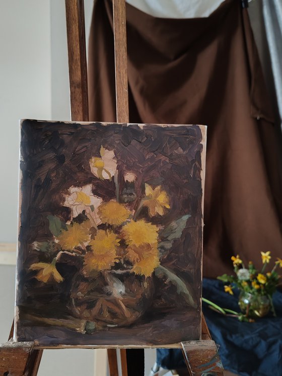 Still life with daffodils and dandelions
