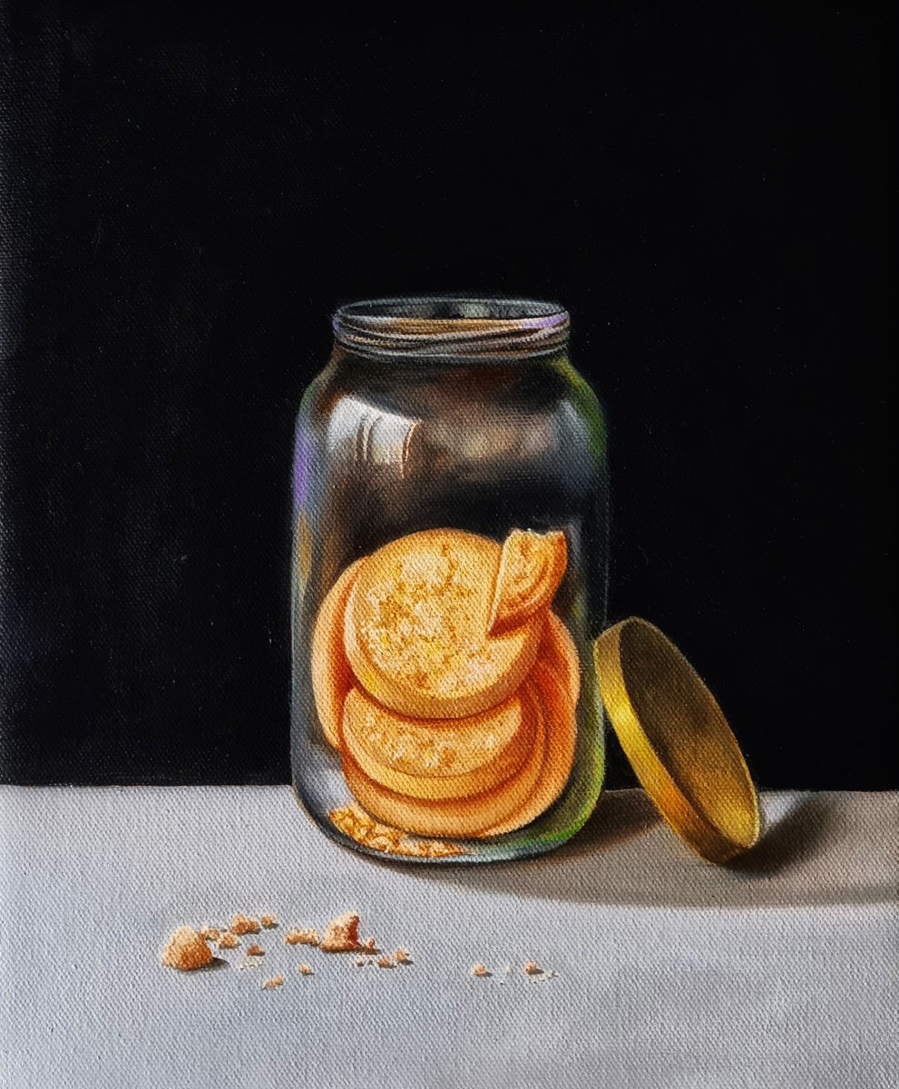 Photorealistic Still Life Oil Painting By Priyanka Singh, 10 X 12", Jar Of Cookies, Original Artwork