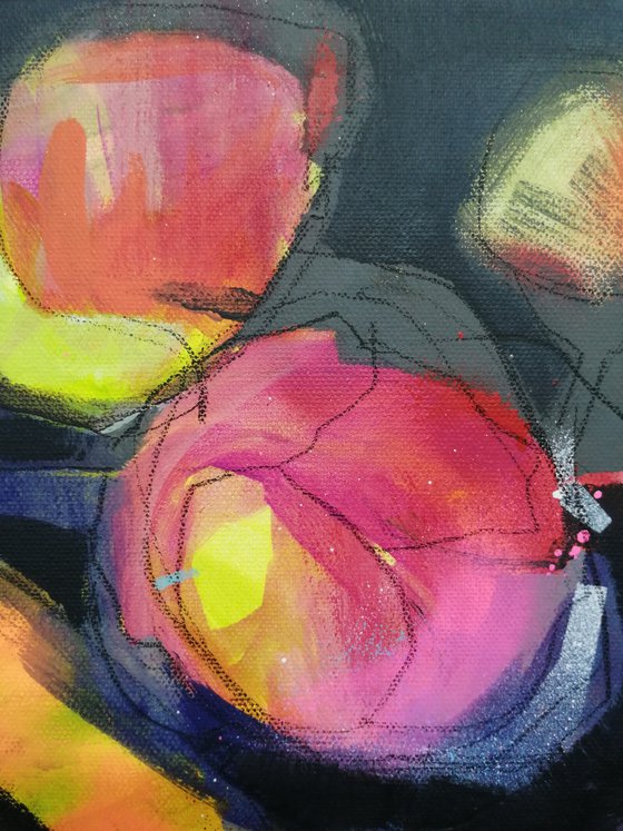 Pink-yellow peonies modern mixed media painting