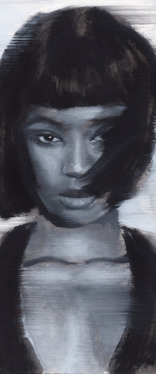 Naomi | Black and white oil painting on paper | beautiful powerful make up fashion afro muse vibe woman lady by Renske Karlien Hercules