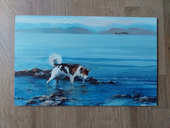 Sea walk dog painting original, Blue water landscape painting original small