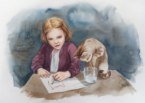 Best Friends - Cute Little Girl Painting with Her Best Friend, A Cat