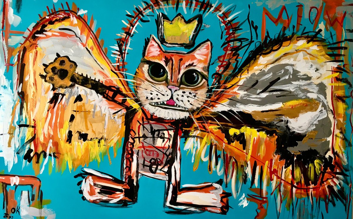 Red Cat King fallen Angel  (122x 81, ( 48x 32 inches ) version of painting by Jean-Michel... by Olga Koval