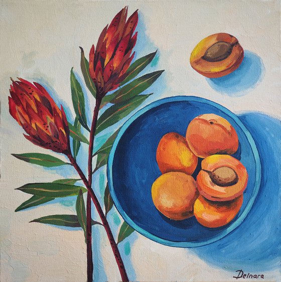Protea flowers and apricots on blue plate - original artwork
