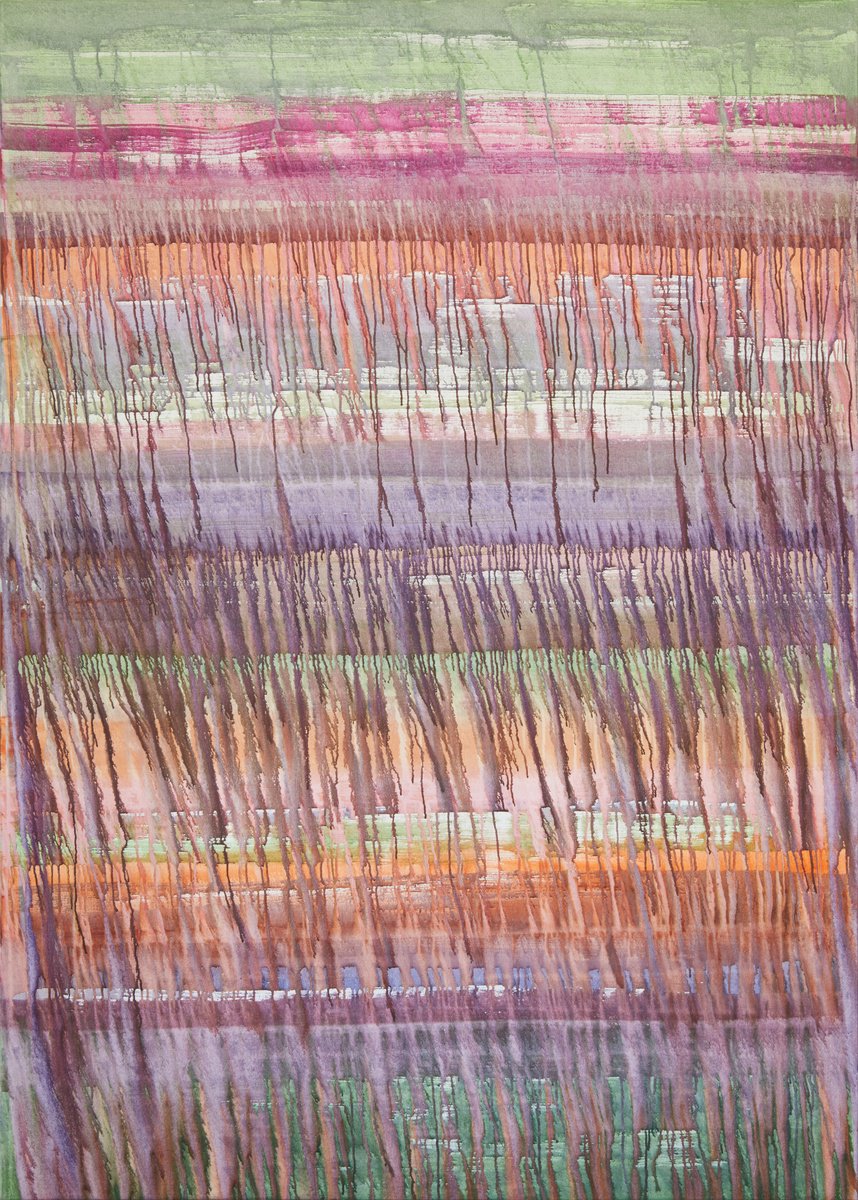 Geometric Abstract Acrylic Painting By Simon Findlay, 59 X 83", Autumn / Green Magenta Orange Purple, Original Artwork