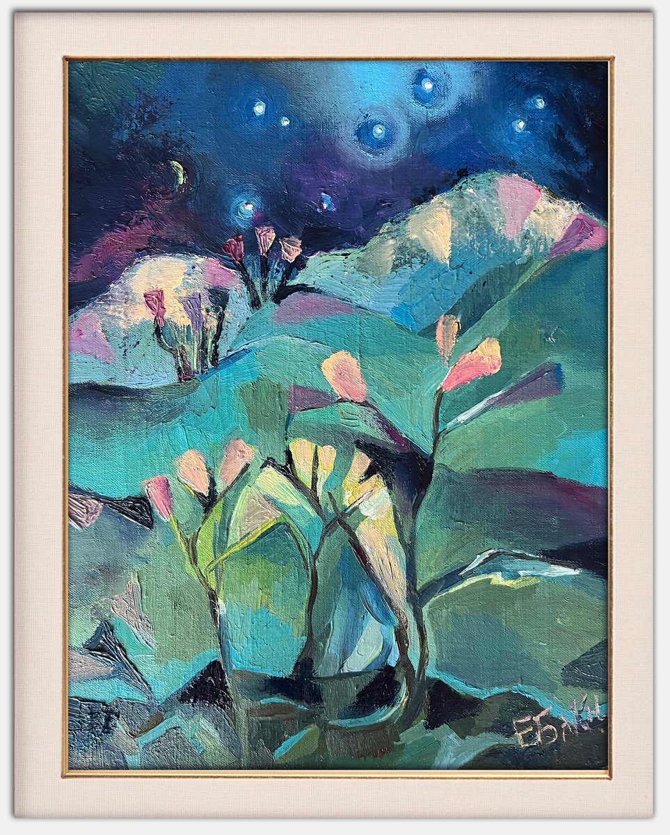 Impressionistic Landscape Oil Painting By Eleonora Bakalova, 13 X 16, Starry Night, Original Artwork