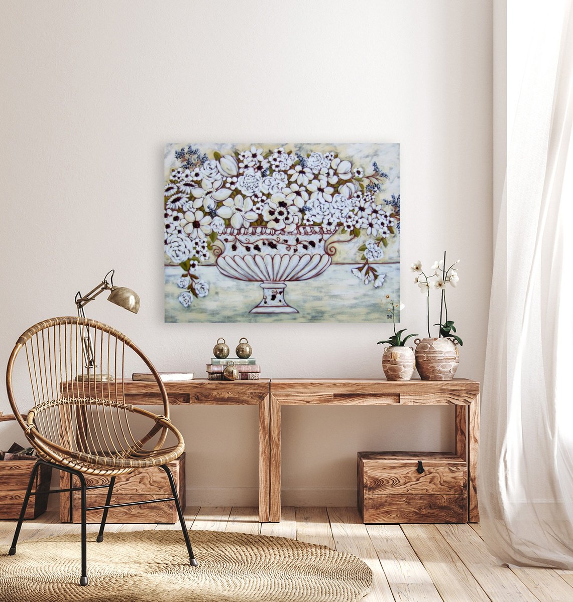 Impressionistic Botanical Acrylic Painting By Karen Rieger, 48 X 36", White Still Life, Original Artwork