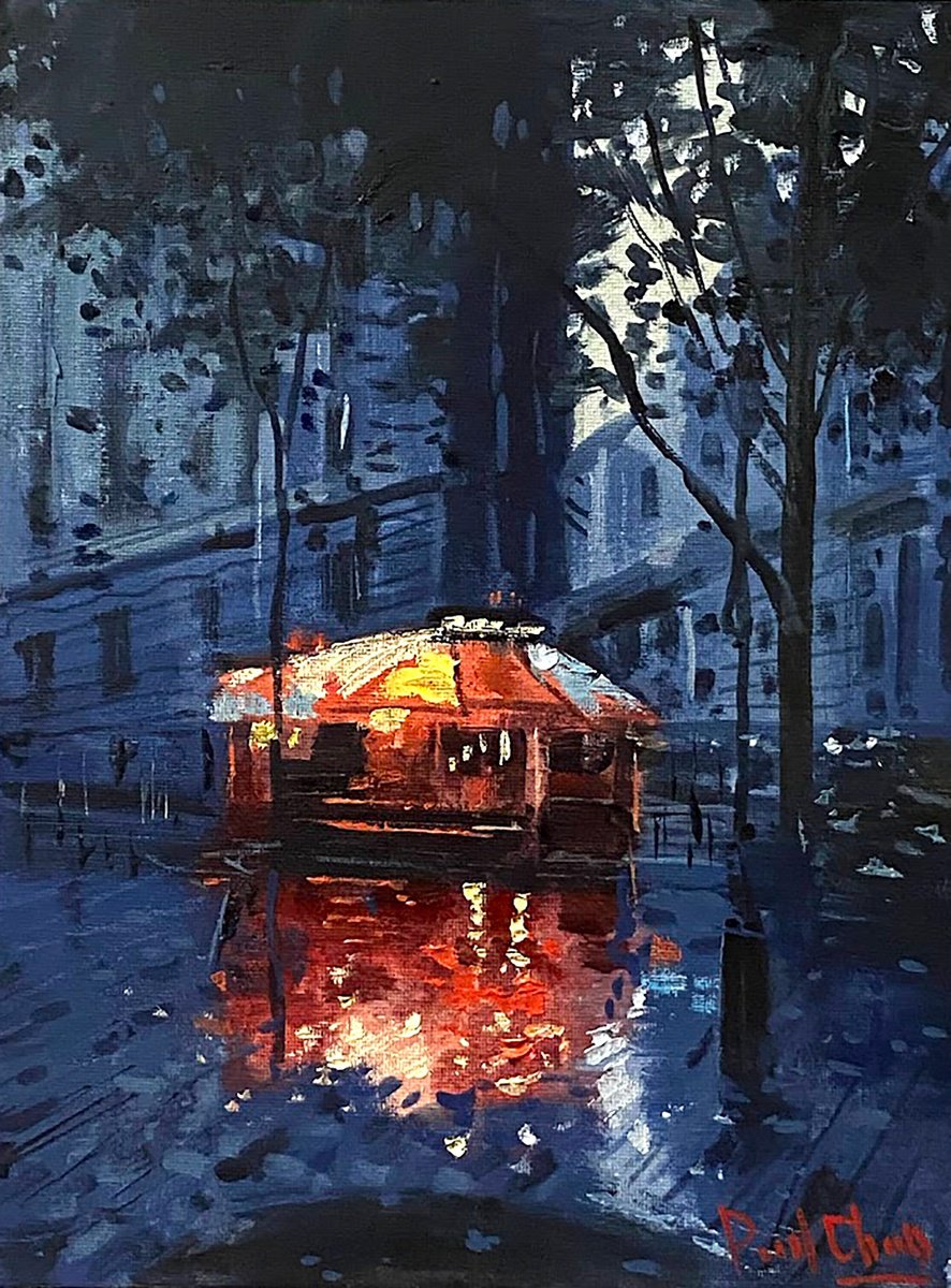 Impressionistic Cityscapes Oil Painting By Paul Cheng, 9 X 12", Night Red Awning Cafe, Original Artwork