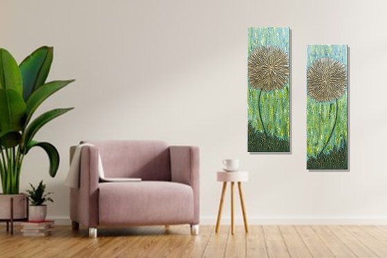 GOLD ASTERS (20X60, 20X60 Diptych, texture, Modern art )