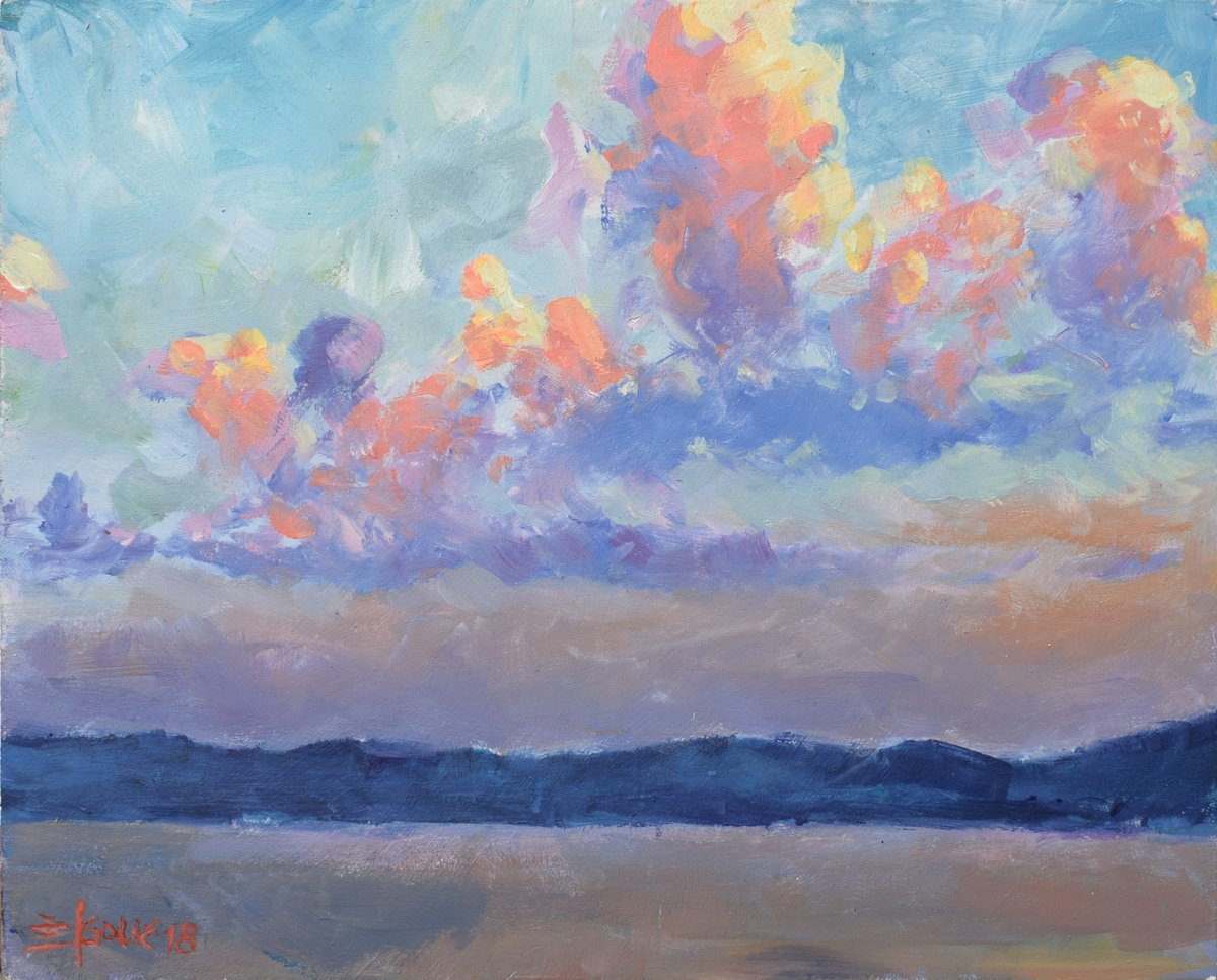 Expressive Landscape Acrylic Painting By Goran Zigolic Watercolors, 14 X 11, Seascape With Big Clouds, Original Artwork