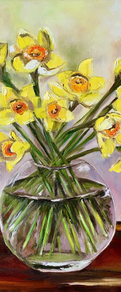 Bouquet of Daffodils #5 on wooden  table. by Olga Koval