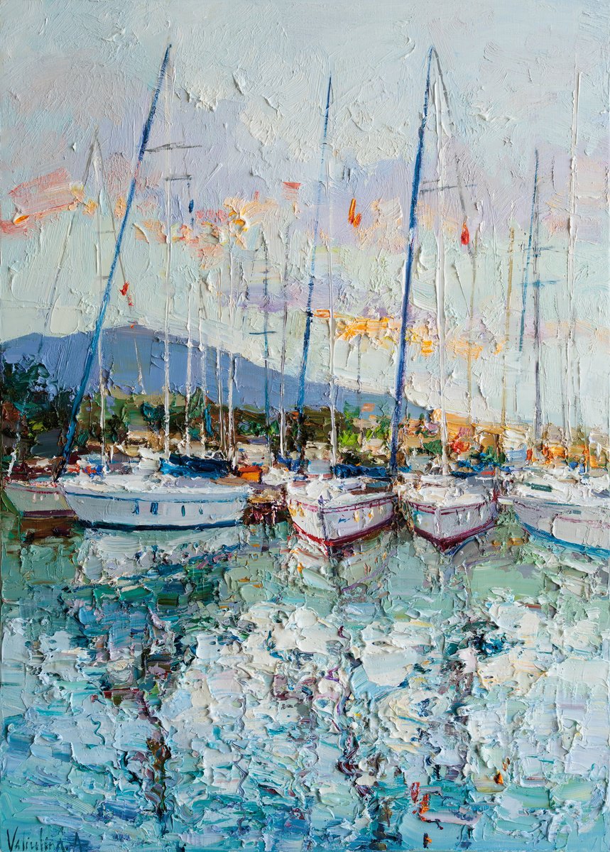 Impressionistic Landscape Oil Painting By Anastasiia Valiulina, 20 X 28, Yachts At Sunset, Original Artwork
