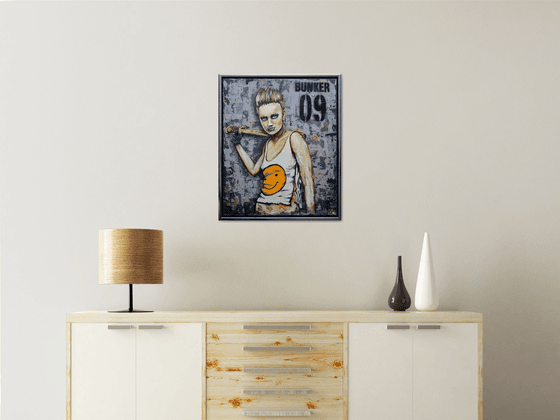 Punk Girl - Original Modern Portrait Painting Art on Canvas with Frame Ready To Hang