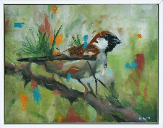 Bird Song - Abstract Sparrow - Framed Oil On Board - 38.5cm x 48.5cm