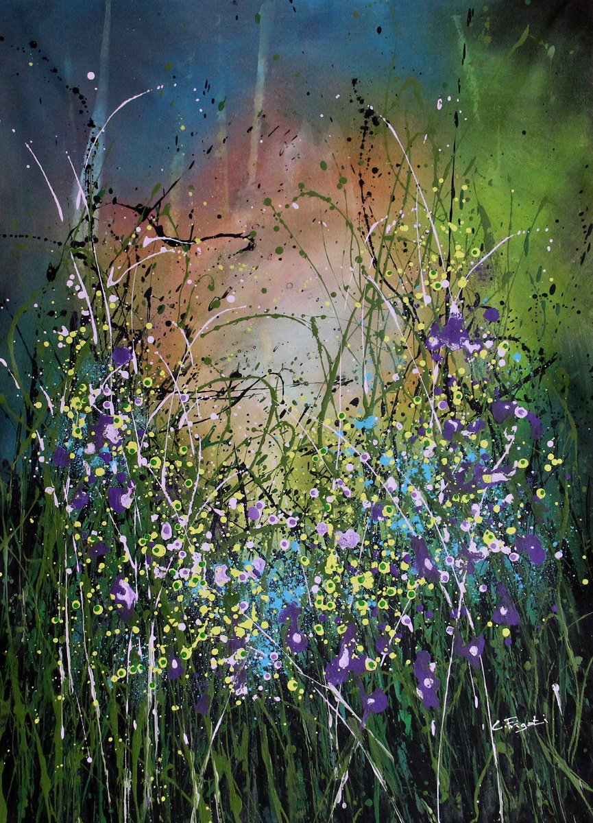 Expressive Landscape Acrylic Painting By Cecilia Frigati, 27 X 37, Aurora Floreale #2, Original Artwork