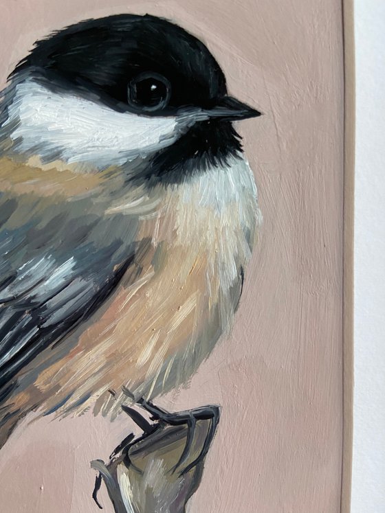 Chickadee  Bird painting mini art framed 15x20cm cute mini art