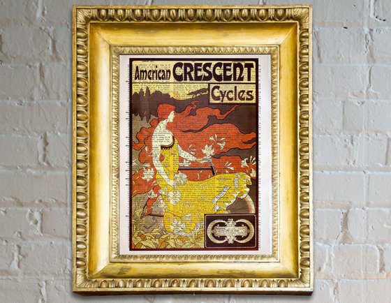 American Crescent Cycles - Collage Art Print on Large Real English Dictionary Vintage Book Page