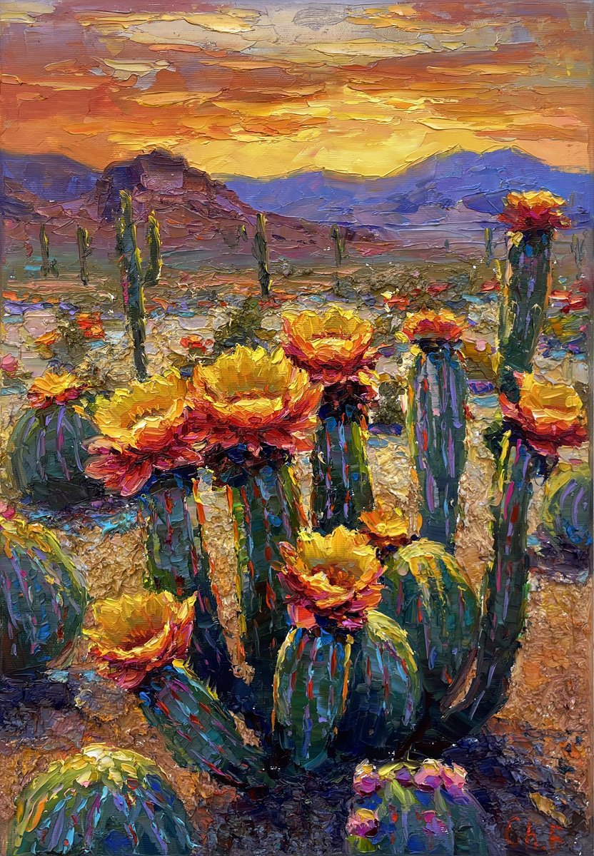 Flowering Canyon Cacti By Evgeny Chernyakovsky, 14 X 20, Artwork For Sale On Artfinder
