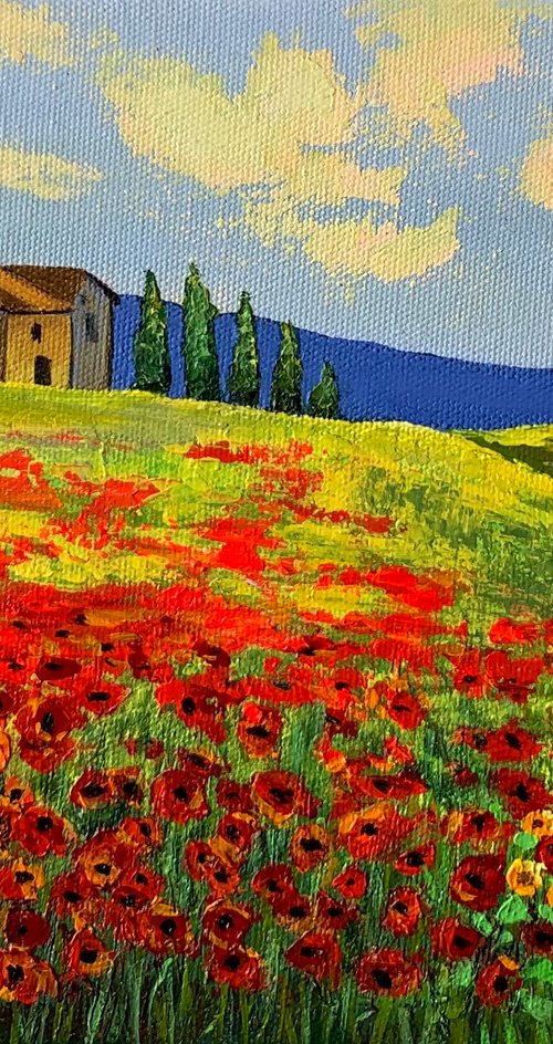 Tuscan landscape! Red poppy and sunflowers field! Ready to hang by Amita Dand