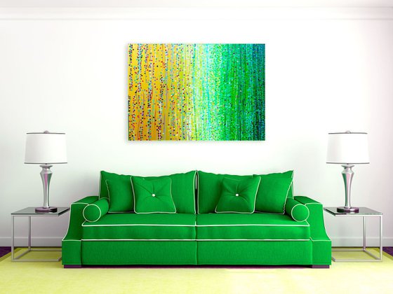 Spring Meadow - Gold & Green Abstract Impressionist Painting by Louise Mead