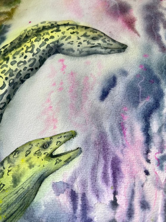 Moray eels in a coral reef. Underwater wildlife. Original watercolor.