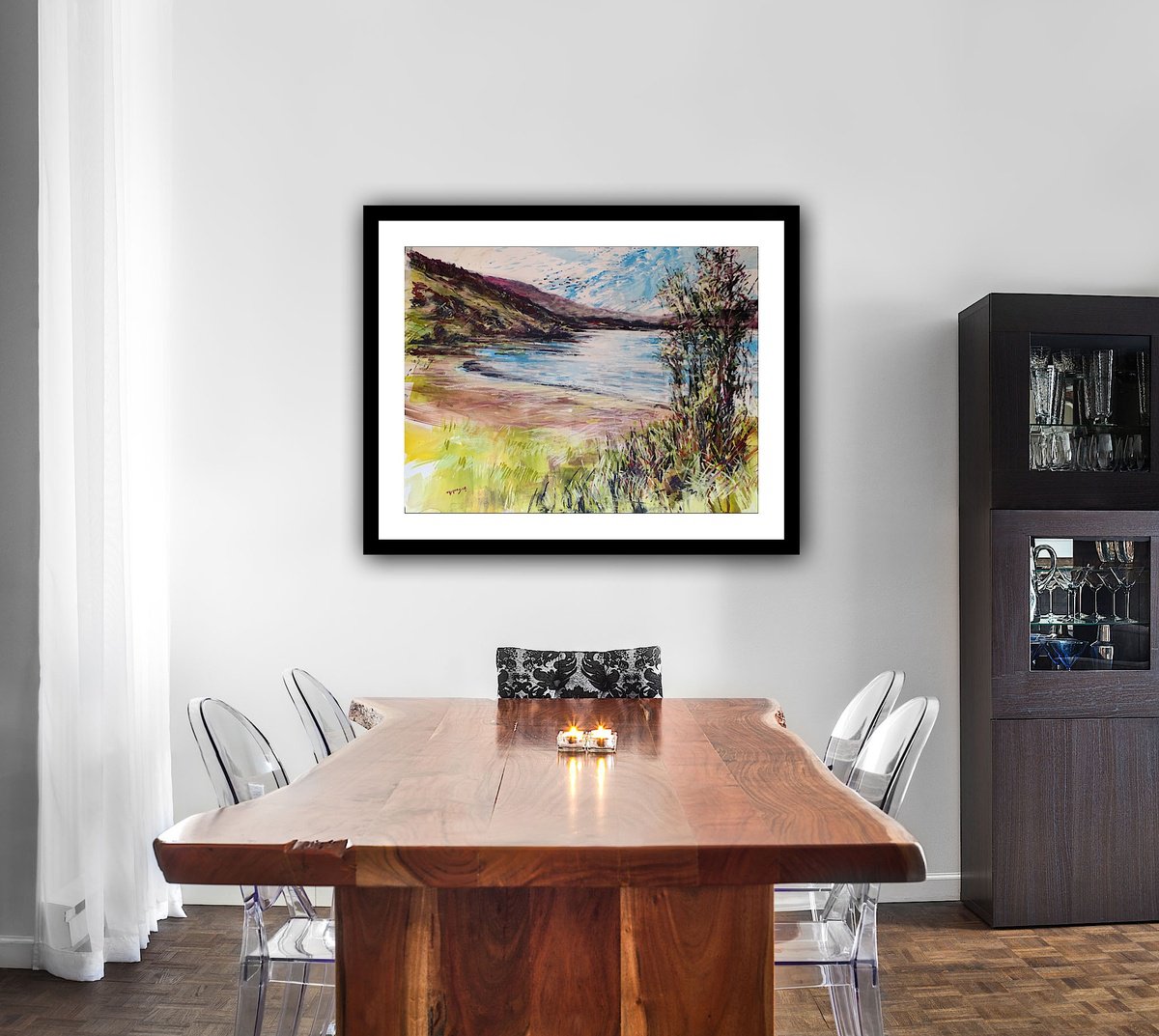 Impressionistic Landscape Drawing By Andrew Moodie, 24 X 18, Geese Over Sparkling Waters, Original Artwork