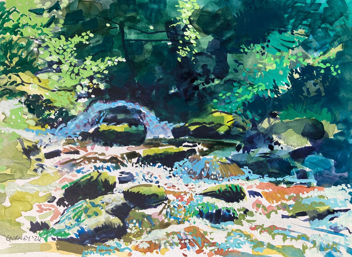 Impressionistic Landscape Painting By Paul Gurney, 10 X 7", Waterfall In The Woods, Original Artwork
