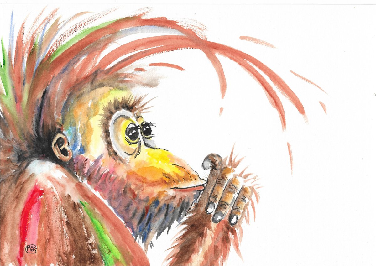 Expressive Animal Watercolour By Marjansart, 12 X 8", Baby Orangutan Monkey Portrait, Original Artwork