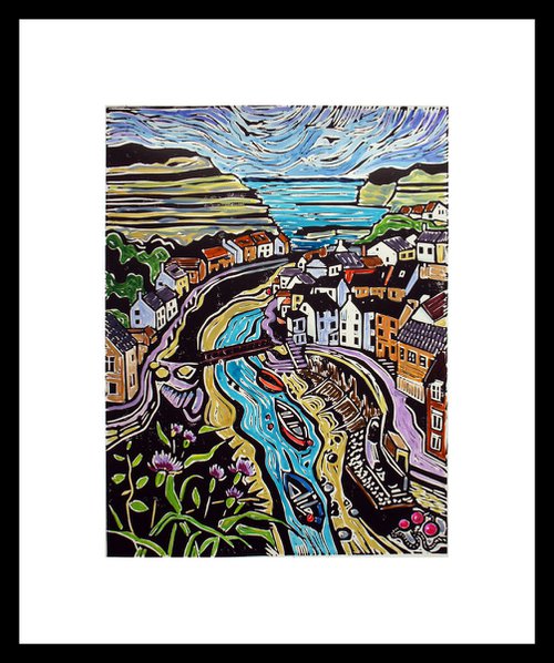 Staithes - Hand coloured Lino print by Julia  Rigby