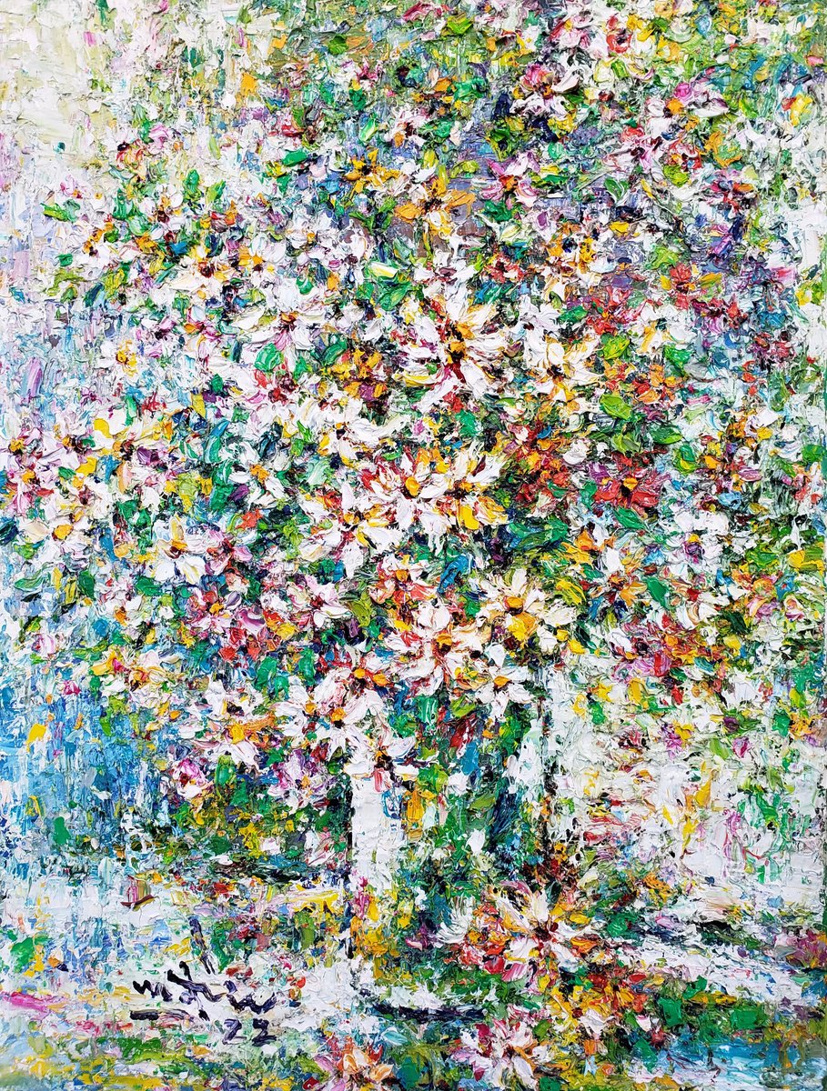Impressionistic Botanical Oil Painting By Duc Tran, 18 X 24, Flowers In The Garden, Original Artwork