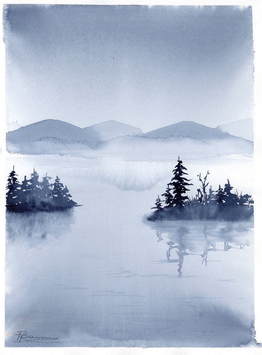 Impressionistic Watercolour , Serene Misty Lake By Olga Tchefranov (Shefranov), 11 X 15, Artwork For Sale On Artfinder