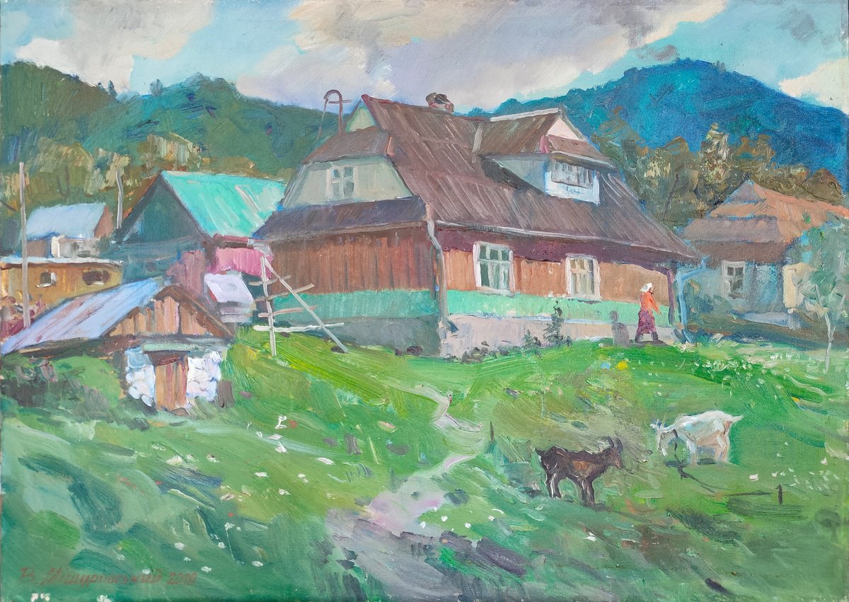 Impressionistic Landscape Oil Painting By Viktor Mishurovskiy, 28 X 20", Hutsuls Courtyard, Original Artwork