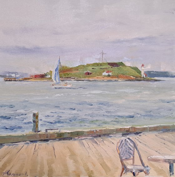 The view of St. George's Island, Halifax harbour, plein air (14x14x0.7'')