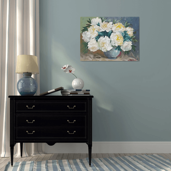 White peonies (60x80cm, oil painting, palette knife)