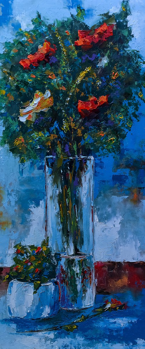 Modern still life painting. Flowers in vase. Palette knife work by Marinko Šaric