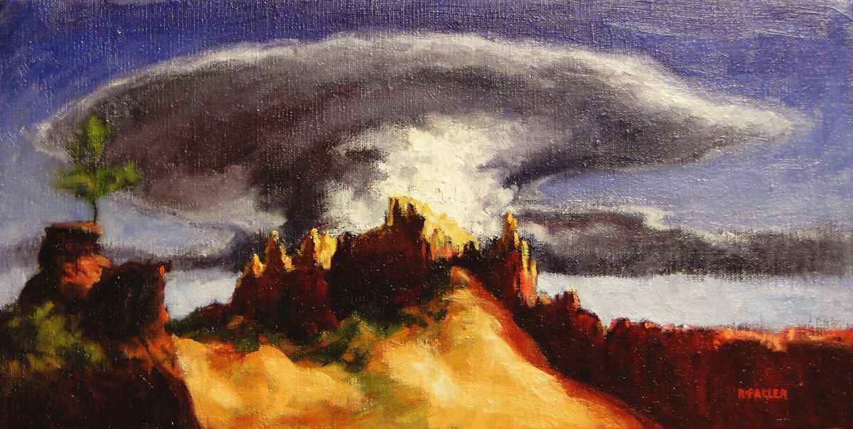 Expressive Landscape Oil Painting By Rick Paller, 16 X 8", Anvil Cloud In The Desert, Original Artwork