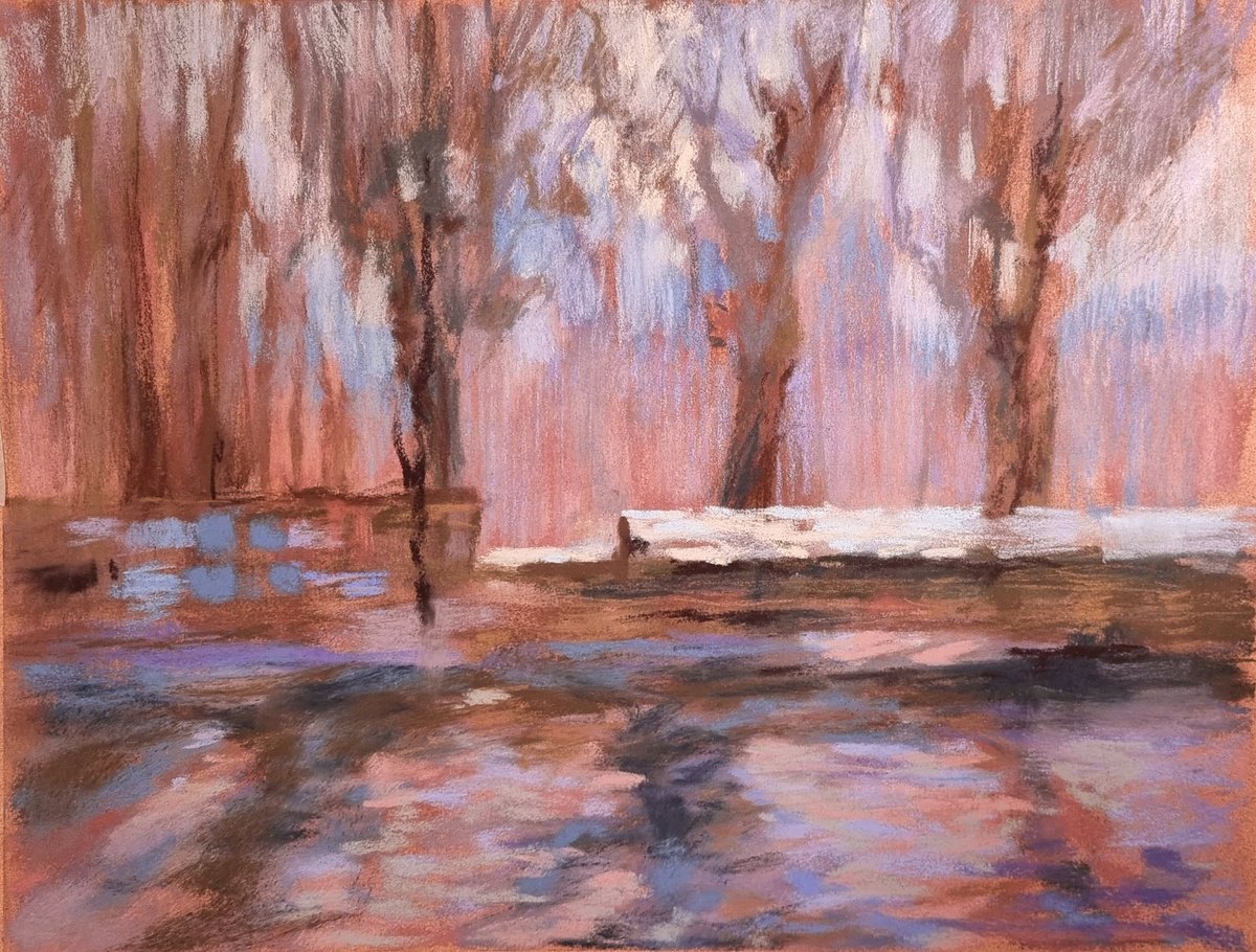 Impressionistic Landscape Pastel Drawing By Elena Genkin, 13 X 9, Trees In Lilac Sunset, Original Artwork